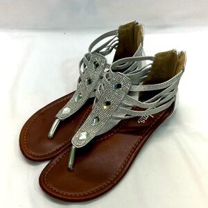 PALMS PAIGE GLADIATOR SILVER WEDGE SANDAL 7.5 TEARDROP CLEAR JEWELS STRAP‎
